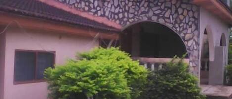 A house with a stone facade, a satellite dish, and a green bush in front.