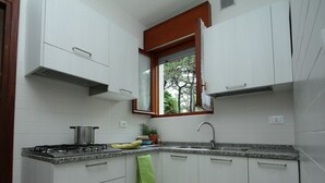 Een kleine keuken met witte kastjes, een granieten aanrecht, een gasfornuis en een raam met uitzicht op bomen.