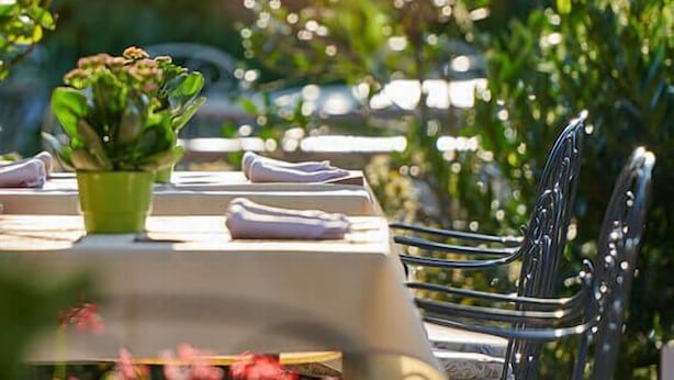 A table set outdoors with a green plant and folded napkins, surrounded by greenery. - Penzion Berc (Bled)