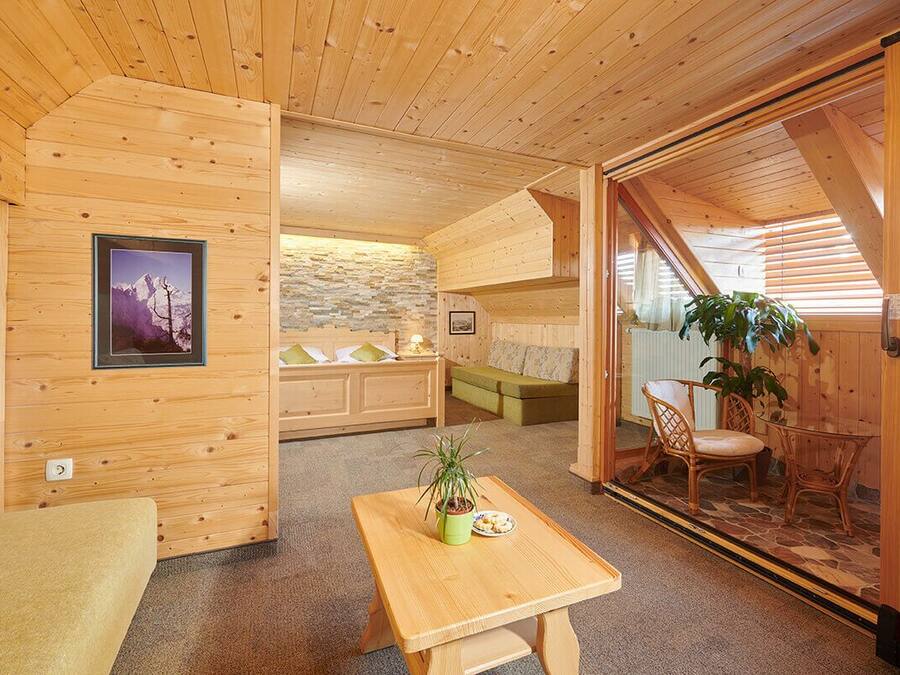 A cozy wooden interior with a sofa, a small table with a plant, and a view through a glass door.
