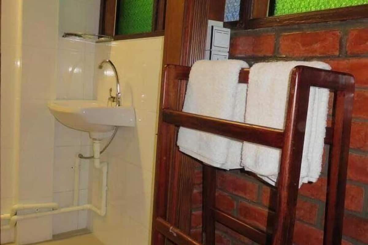 shower, hair dryer, slippers, towels