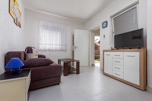 Apartment | Living area | 65-cm TV with satellite channels, fireplace