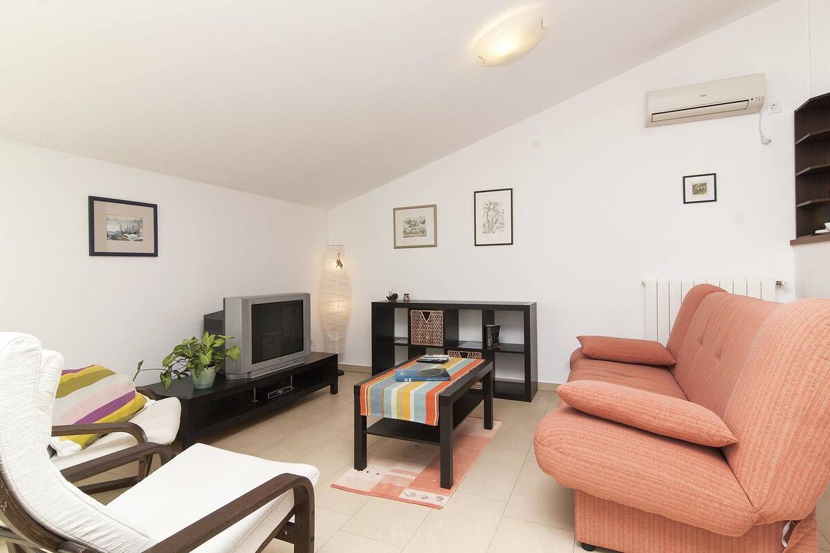 A living room with a sofa, TV, and a small table with a plant.