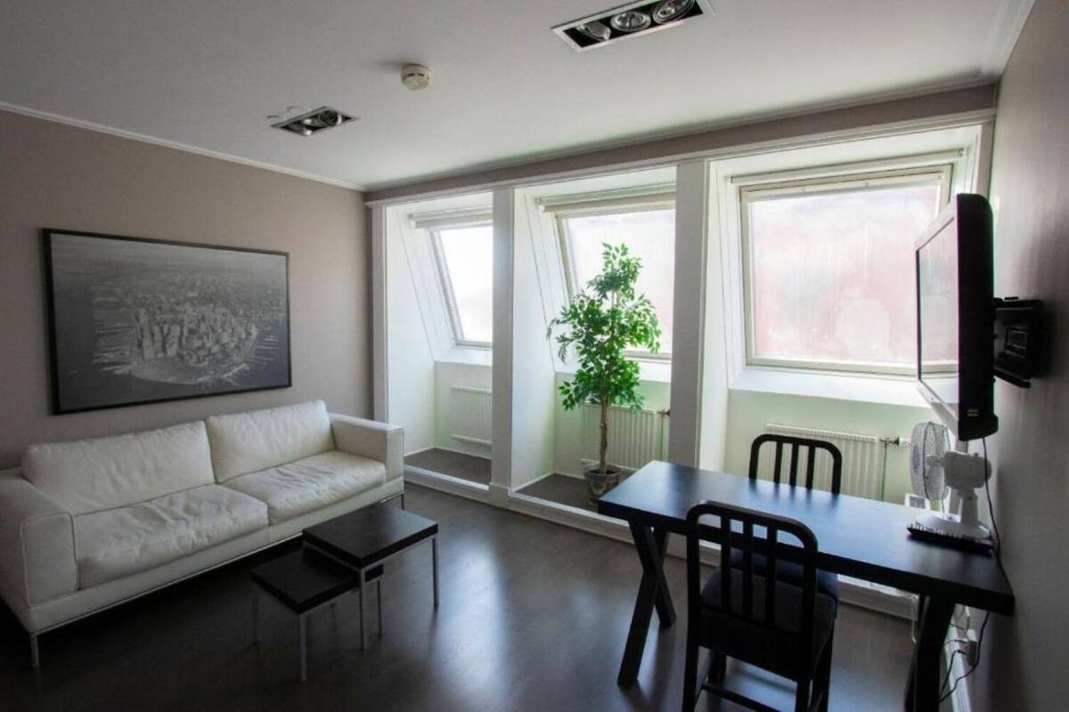 A modern living room with a white sofa, a dining table with chairs, a potted plant, and large windows.