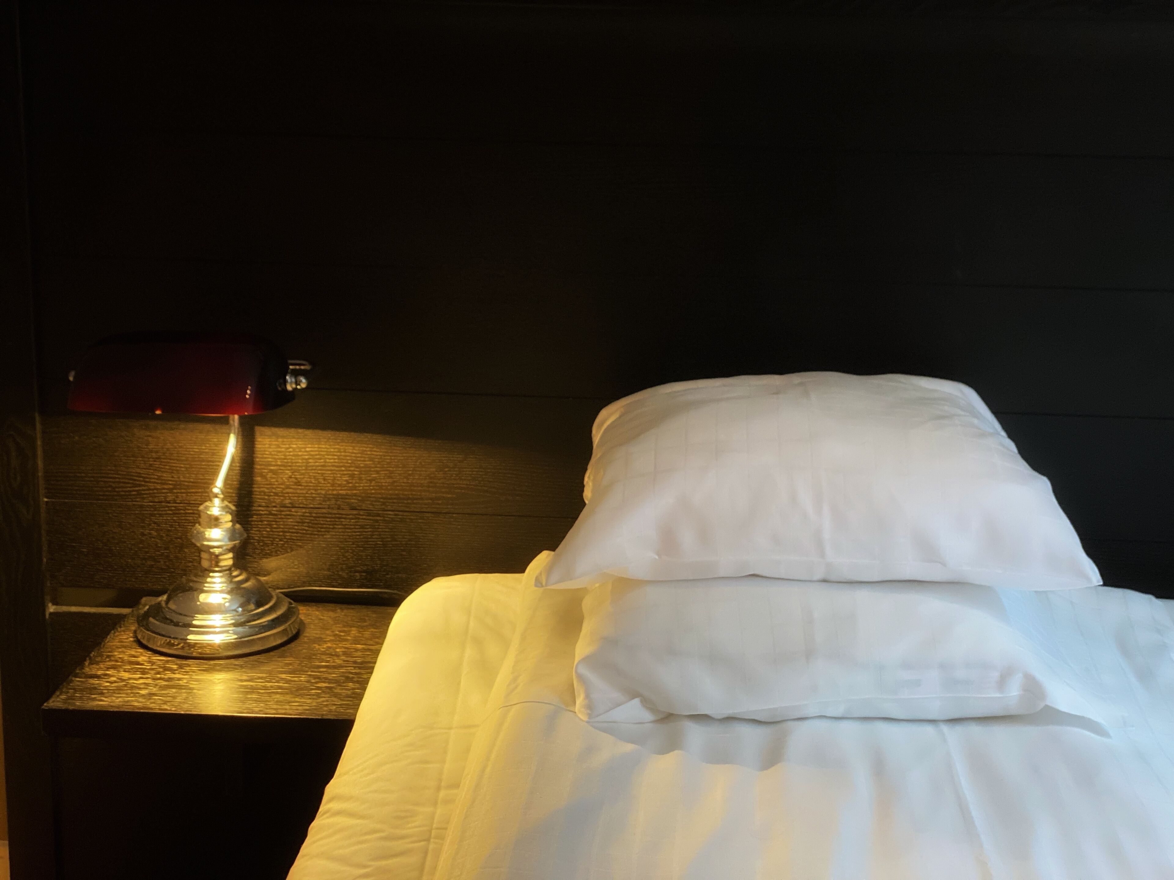A neatly made bed with white linens and pillows, a wooden nightstand with a lamp, and a dark wooden wall.