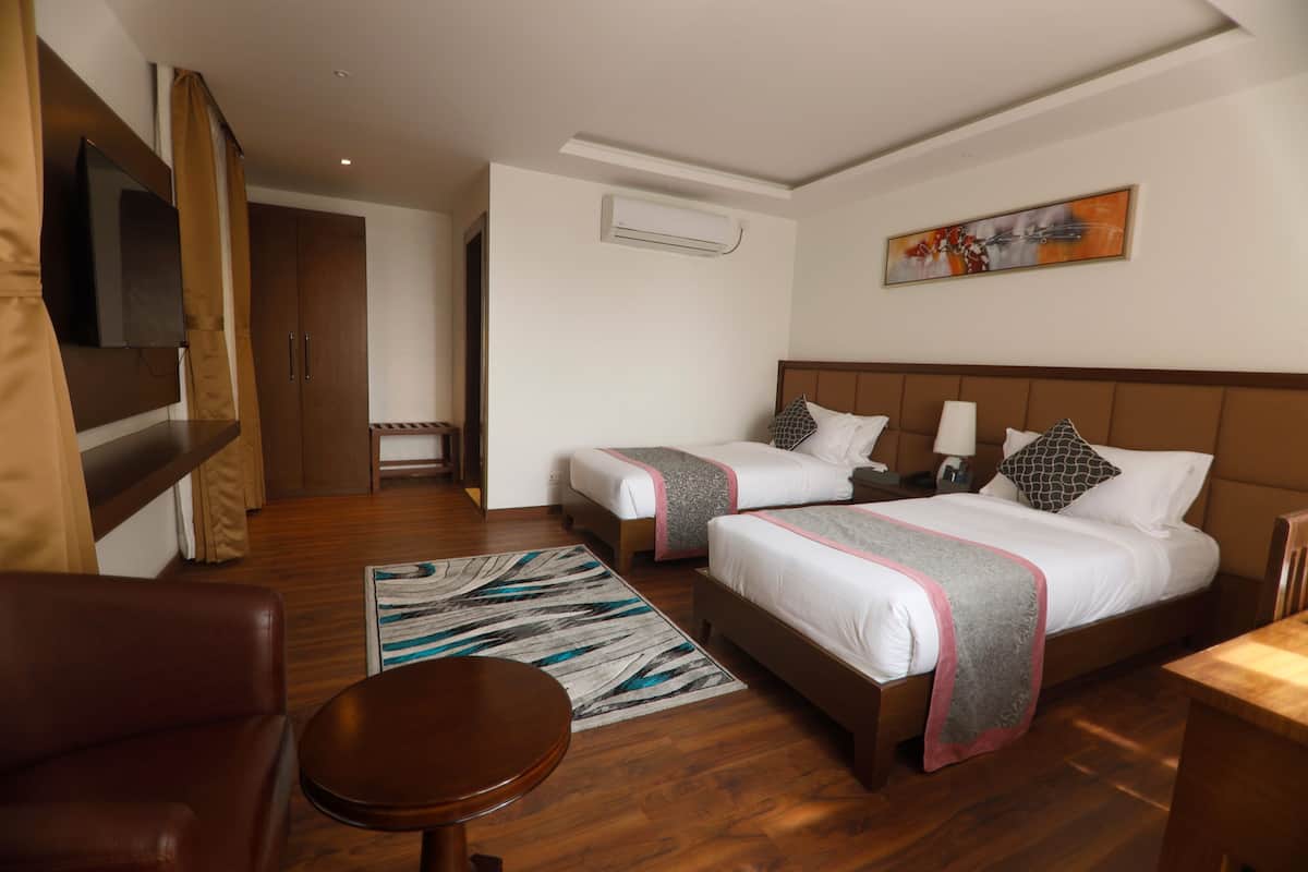 Quarto de hotel com duas camas, televisão, aparelho de ar condicionado, um quadro e chão de madeira.
