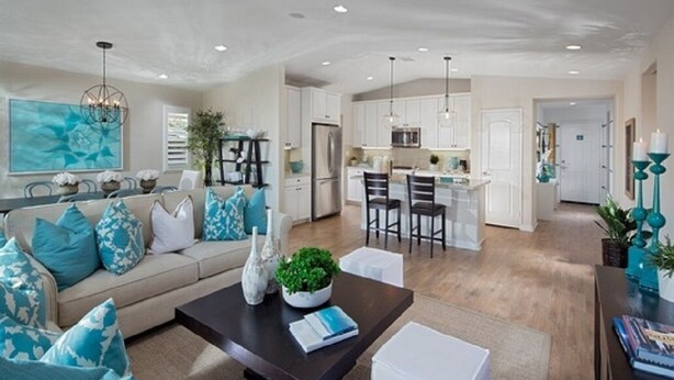 A modern living room with a sofa, coffee table, and a dining area with chairs. - Home for rent asap now is available to move in (Austin)
