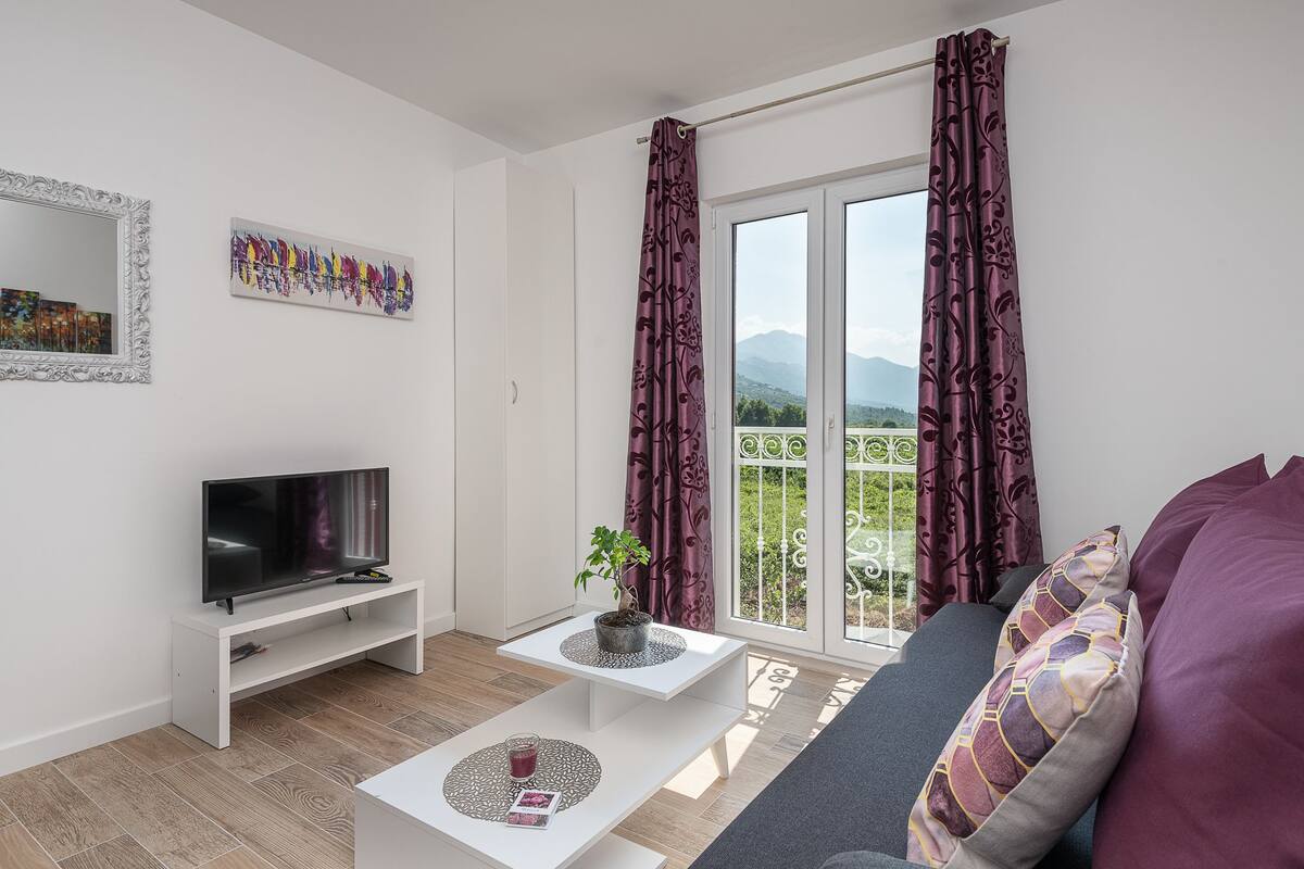 A modern living room with a flat-screen TV on a white stand, a small table with a plant, and a sofa with patterned cushions.