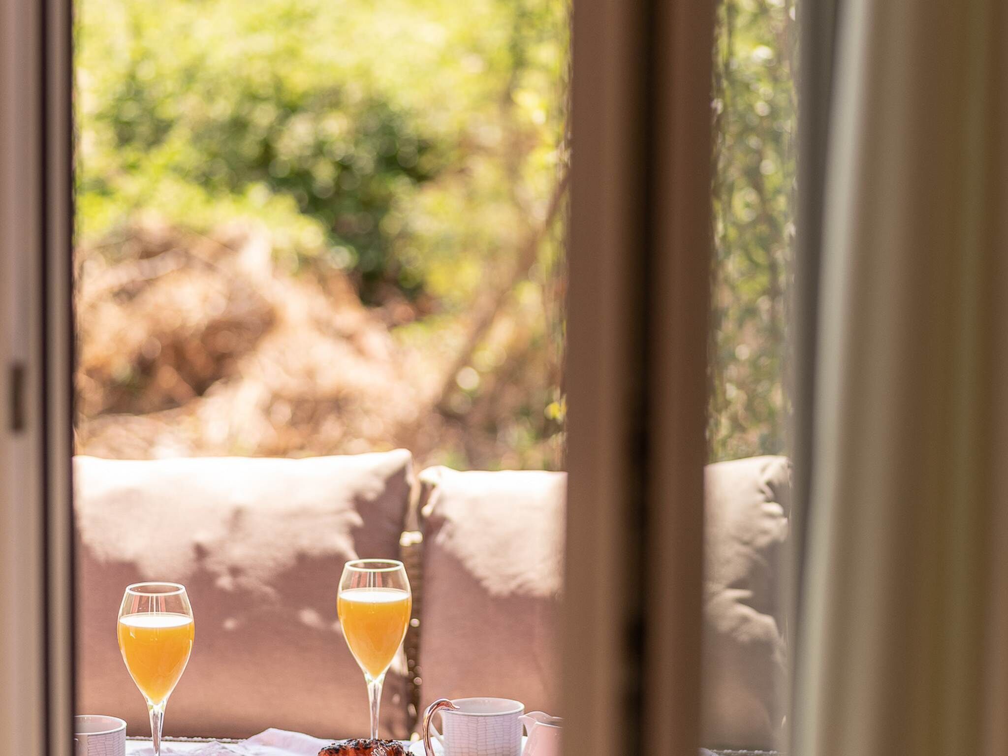 A dining table with two glasses of orange juice and a cup, set against a backdrop of greenery and a stone wall.