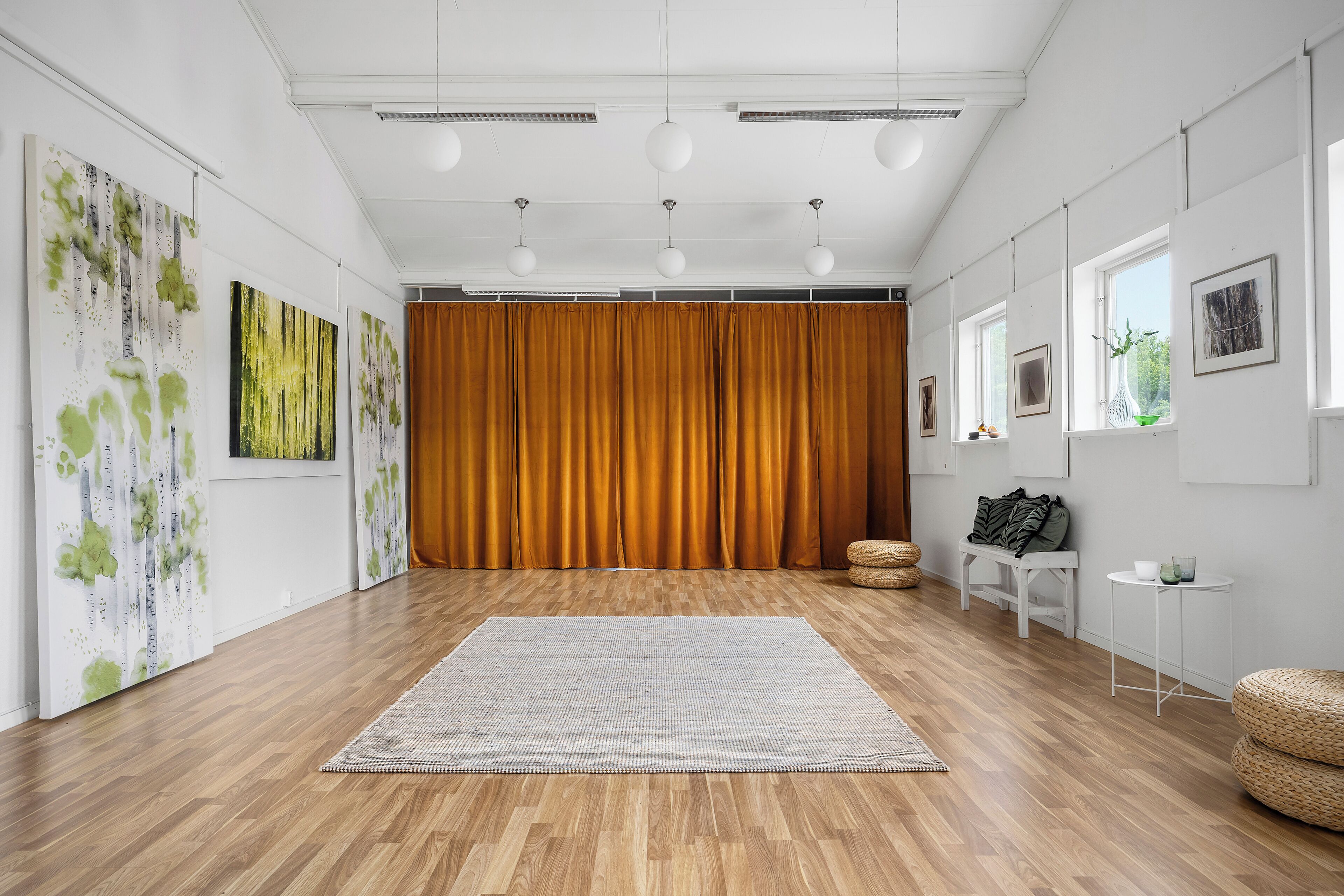 Una habitación amplia con piso de madera, un tapete grande, una cortina y obras de arte en las paredes.