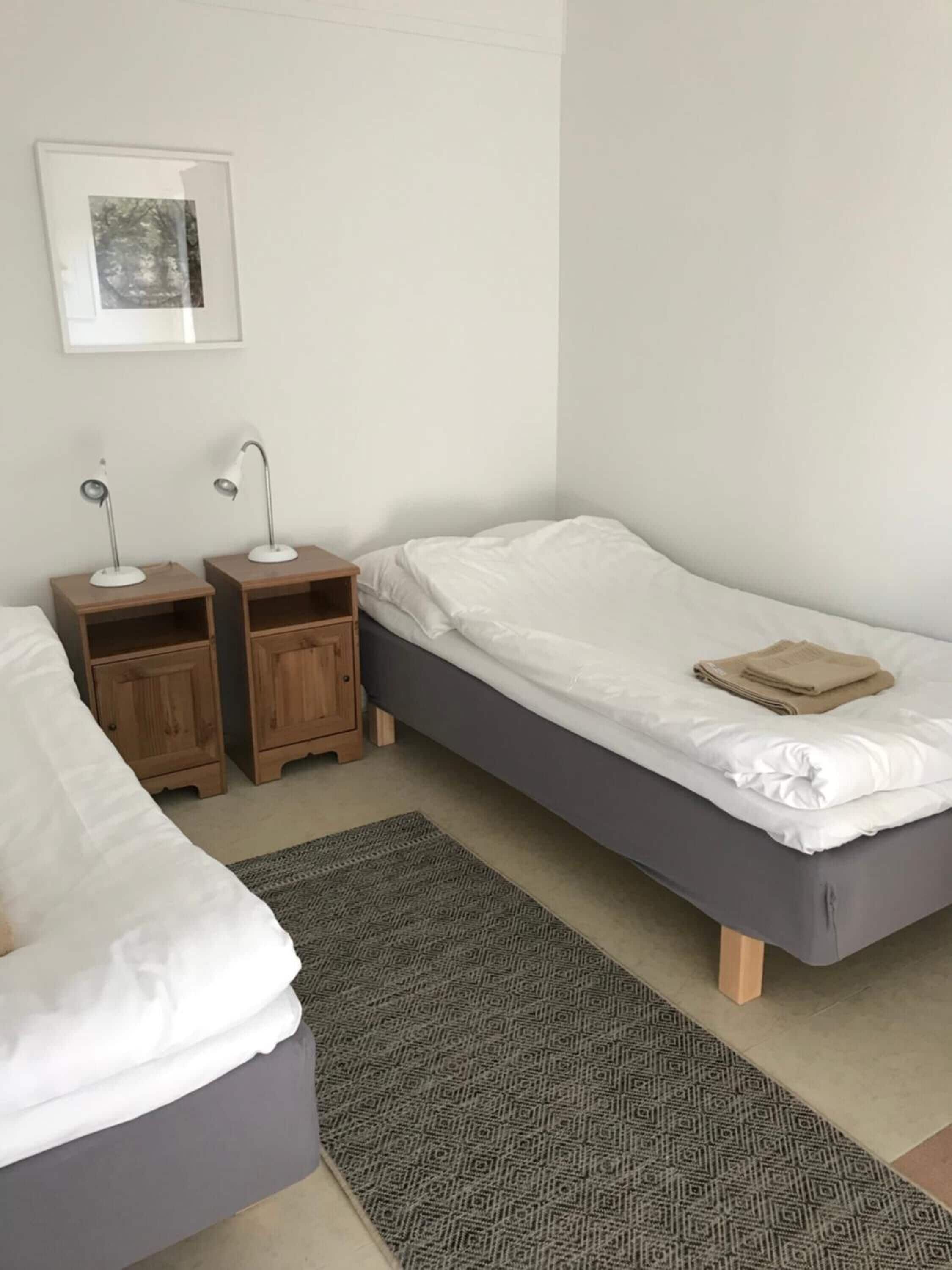 A bedroom with two single beds, a bedside table with a lamp, a small cabinet, and a patterned rug.
