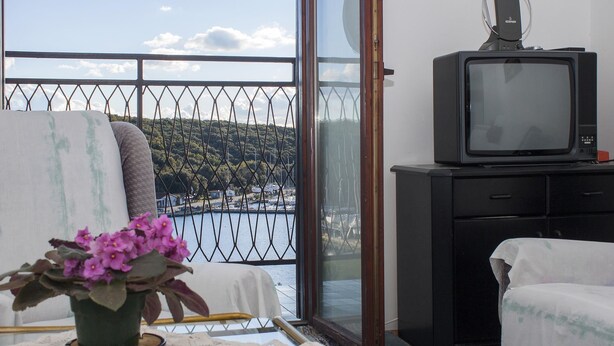Un balcón con vistas al agua y follaje, un televisor en un mueble, y una planta en maceta con flores moradas.