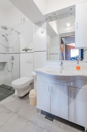 Appartement, 1 lit double et 1 canapé-lit | Salle de bain | Douche, séchoir à cheveux, serviettes fournies, savon