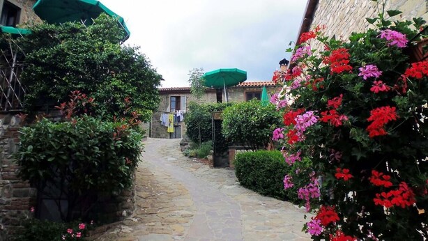 A narrow stone pathway flanked by lush greenery and vibrant flowers, leading to a rustic building with a tiled roof. - Ristoro Del Cavaliere (Piazza al Serchio)