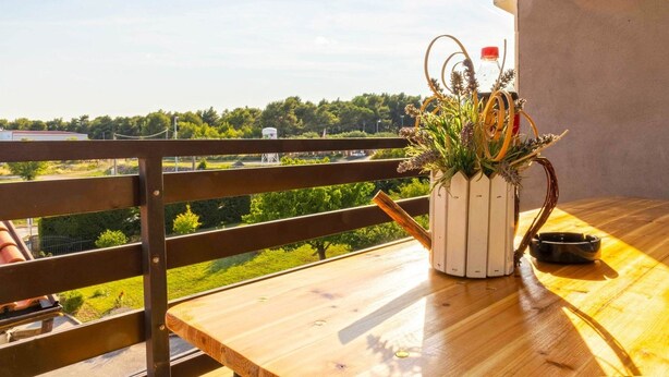 A wooden table with a potted plant on a balcony overlooking a green landscape. - Apartments Ana Pula / Exclusive two Bedroom A5 (Pula)