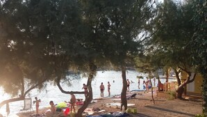 A beach with people sunbathing and swimming, surrounded by trees and a body of water.