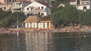 A coastal area with buildings, a beach, and a thatched-roof structure.
