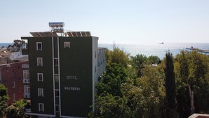 Un hotel llamado 'DOLPHINE' con vista al mar y un barco a lo lejos.