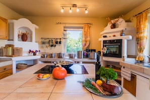 Maison, plusieurs chambres, terrasse, vue jardin (incl. 130 EUR  cleaning fee per stay) | Cuisine privée | Grand réfrigérateur, micro-ondes, four, plaque de cuisson