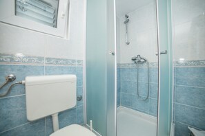 A bathroom with a toilet, a shower with a glass door, and blue-tiled walls.
