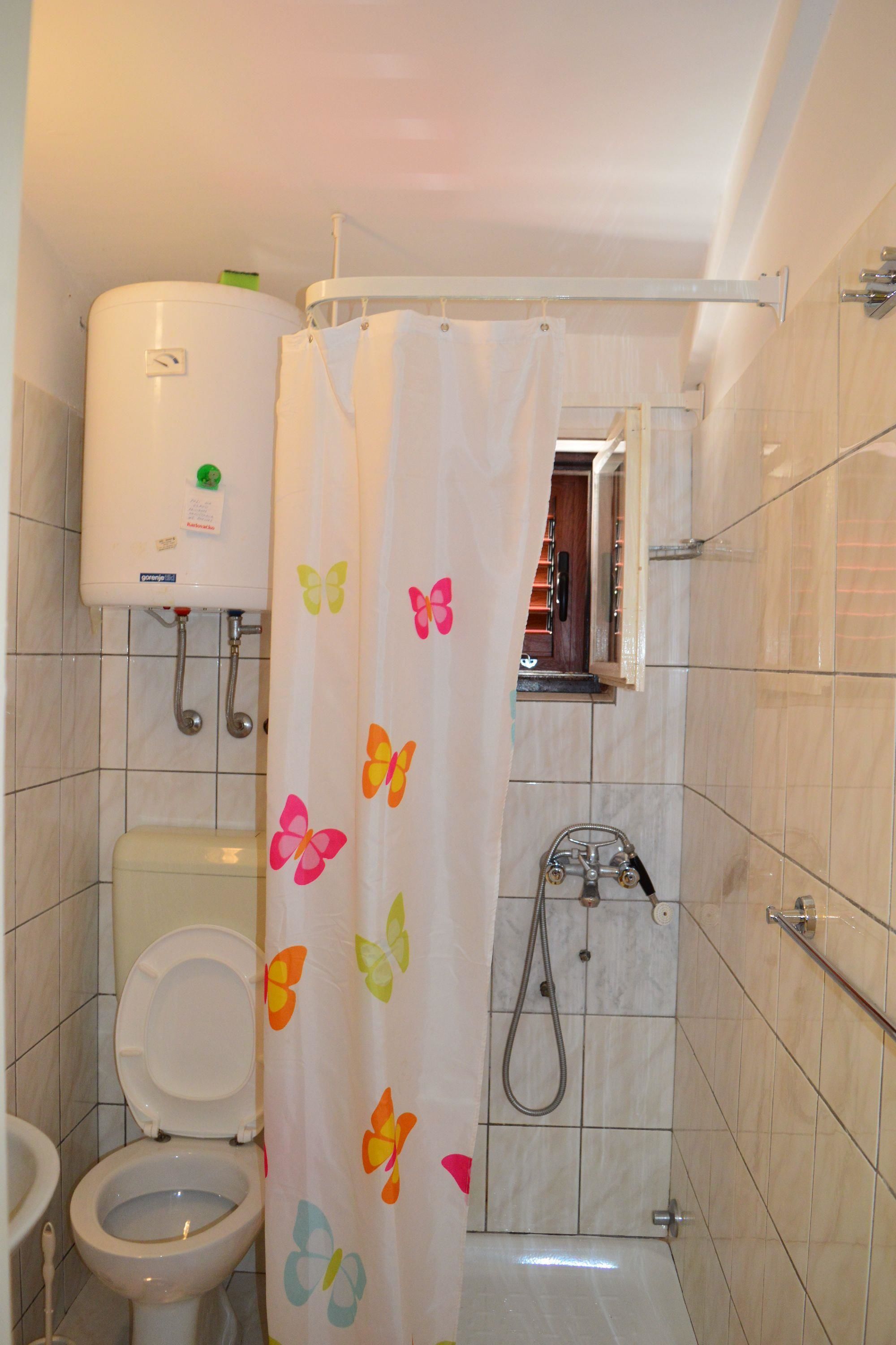 Un baño con inodoro, ducha y dispensador de papel higiénico.