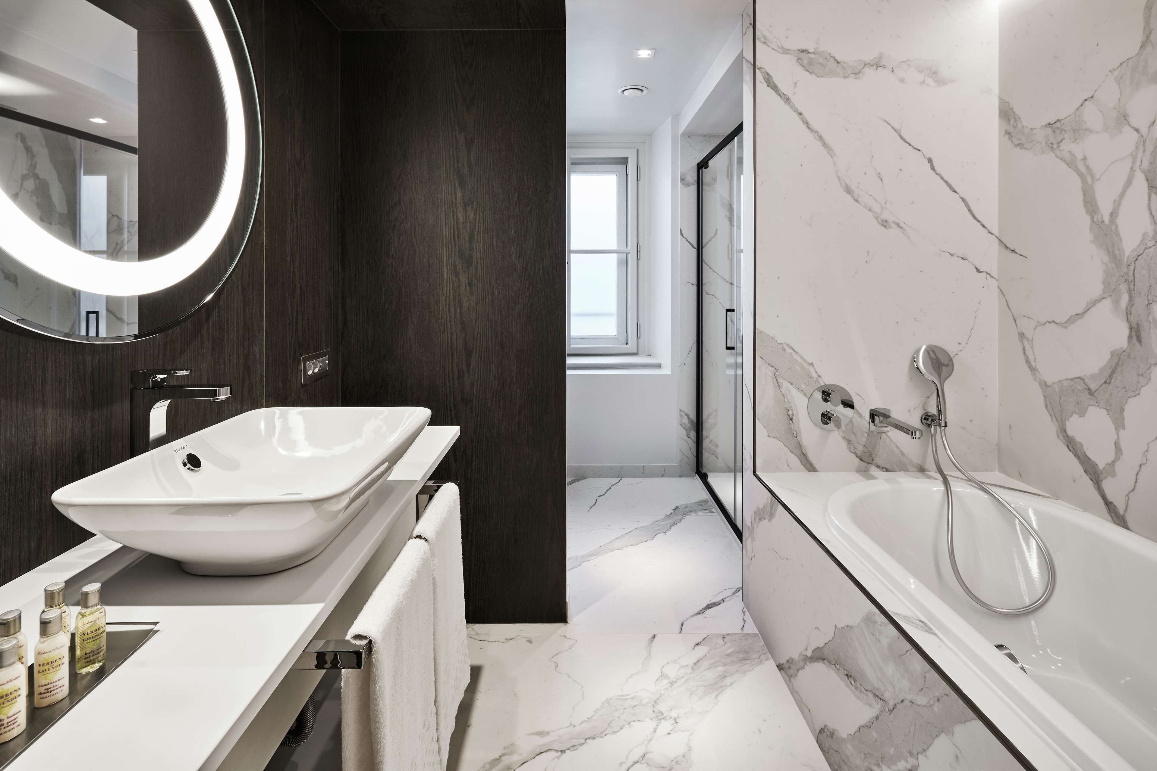 rainfall showerhead, hair dryer, bidet, towels