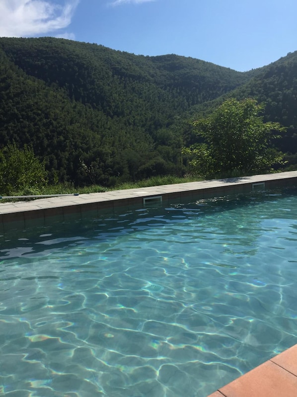 季節性室外游泳池,開放時間為 10:00 至 18:00,提供日光浴躺椅