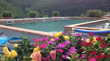 Seasonal outdoor pool, open 10:00 AM to 6:00 PM, pool loungers