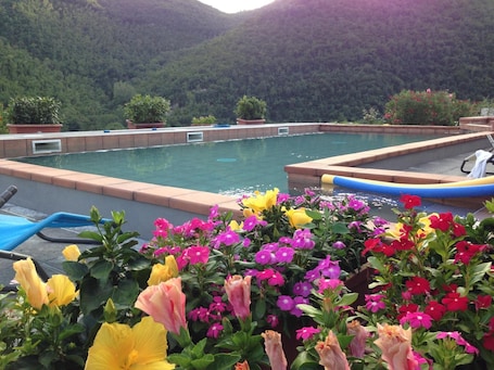 Seasonal outdoor pool, open 10:00 AM to 6:00 PM, sun loungers