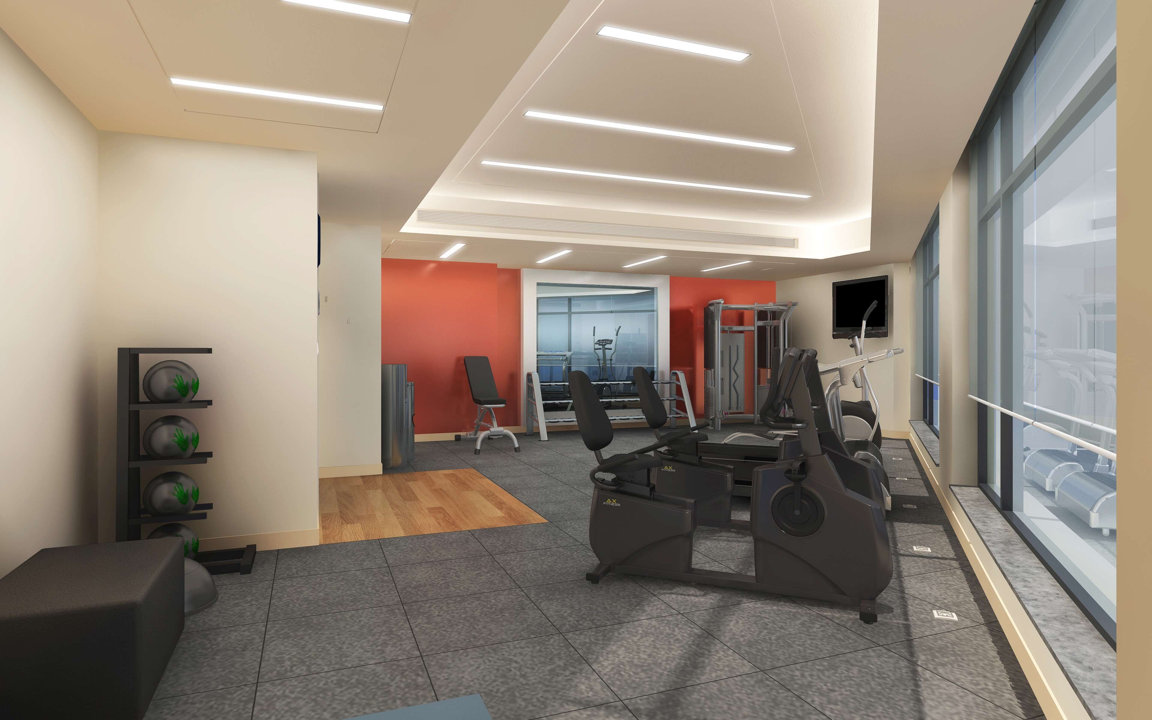 A modern gym with cardio equipment, weight machines, and a large window providing natural light.