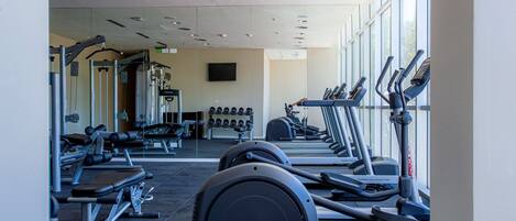Un gimnasio con diversos equipos de ejercicio, incluyendo cintas de correr, máquinas de pesas y mancuernas.