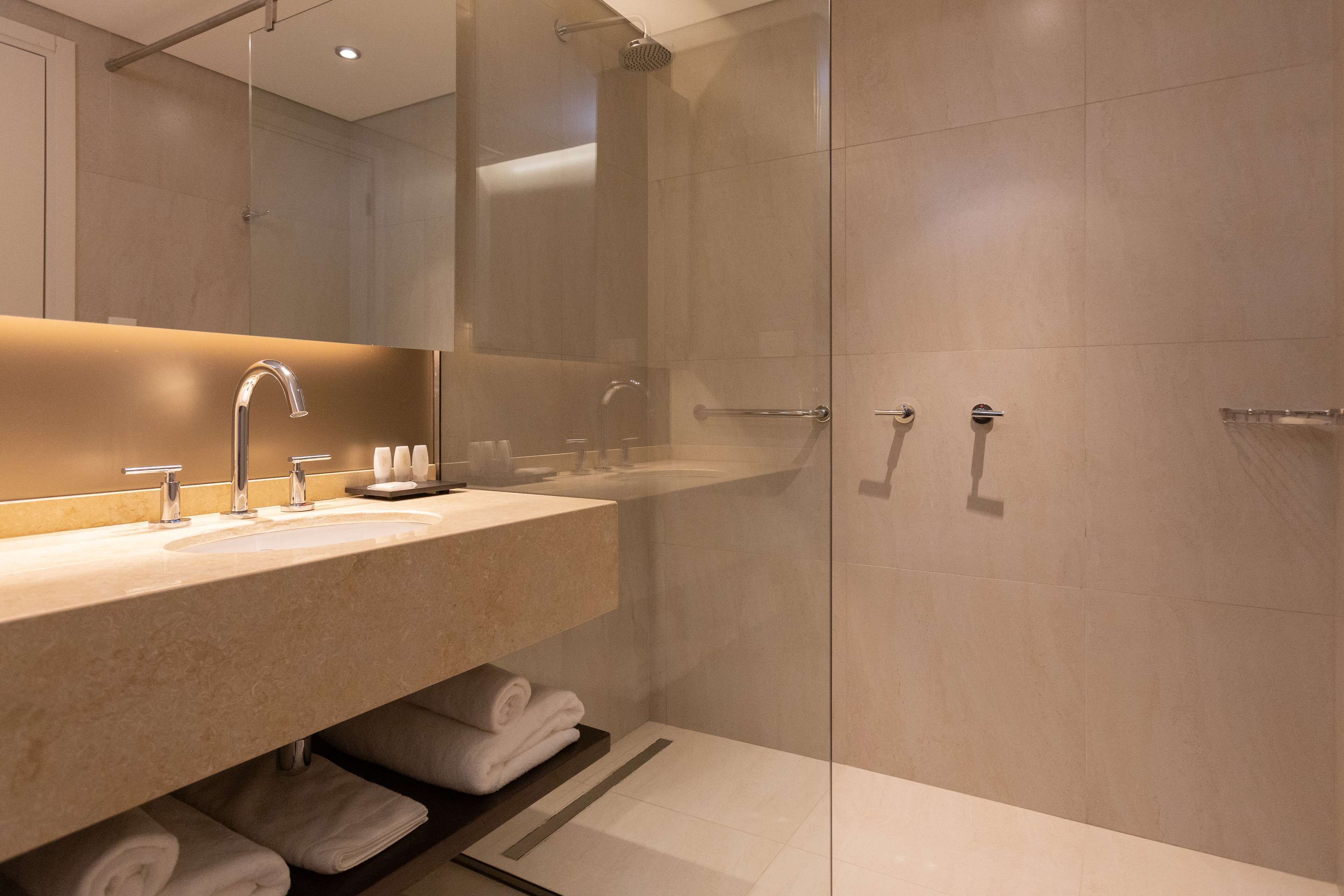 hair dryer, bidet, towels, soap