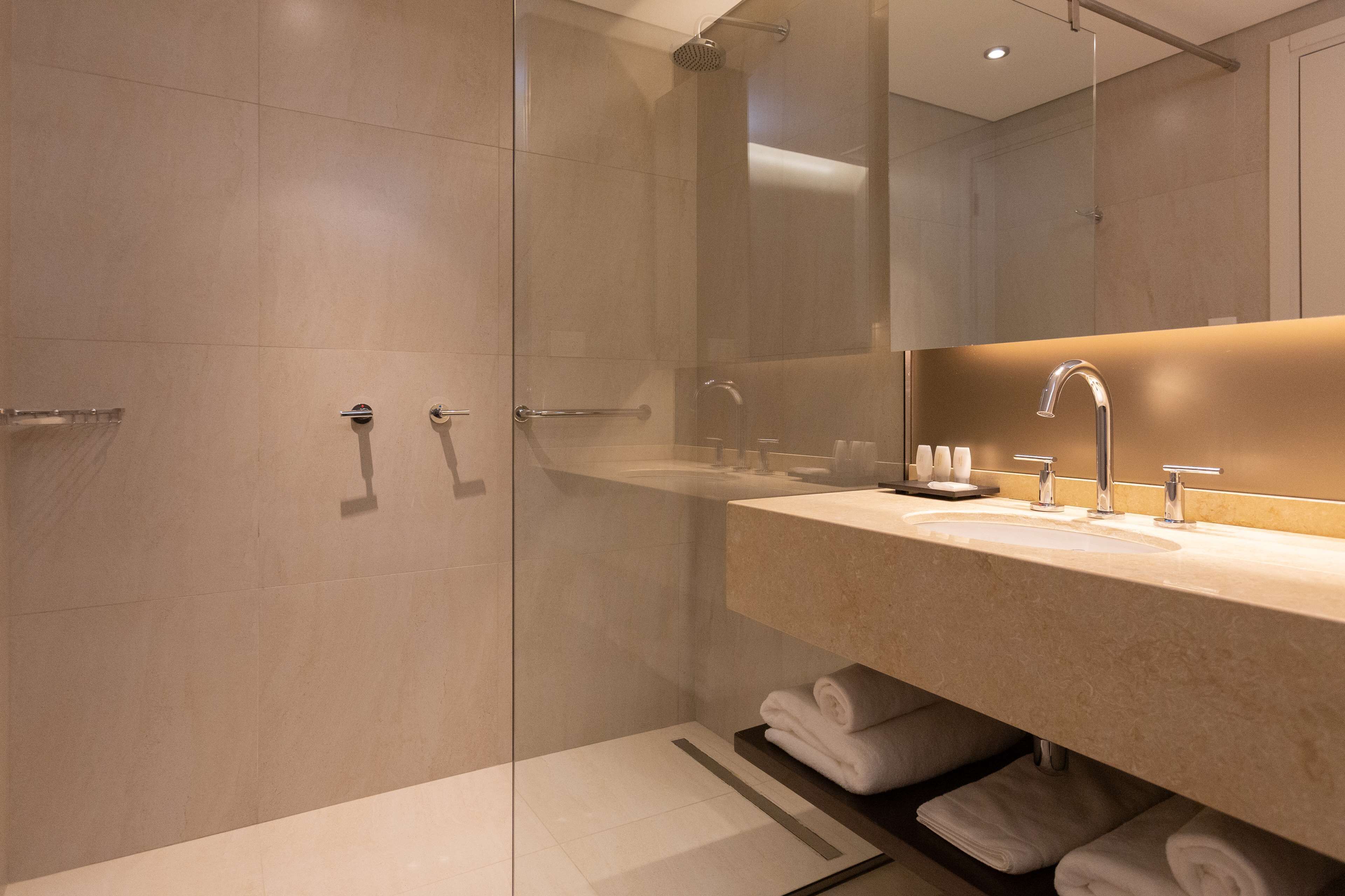 hair dryer, bidet, towels, soap