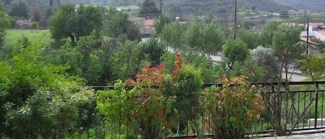 A balcony with a view of a green landscape, including trees and a distant village.