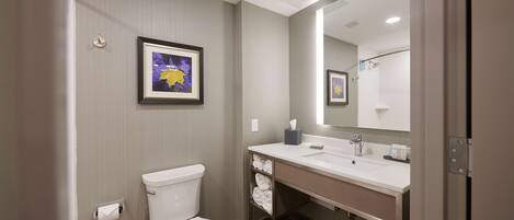 Une salle de bain moderne avec des toilettes, un lavabo et un miroir.