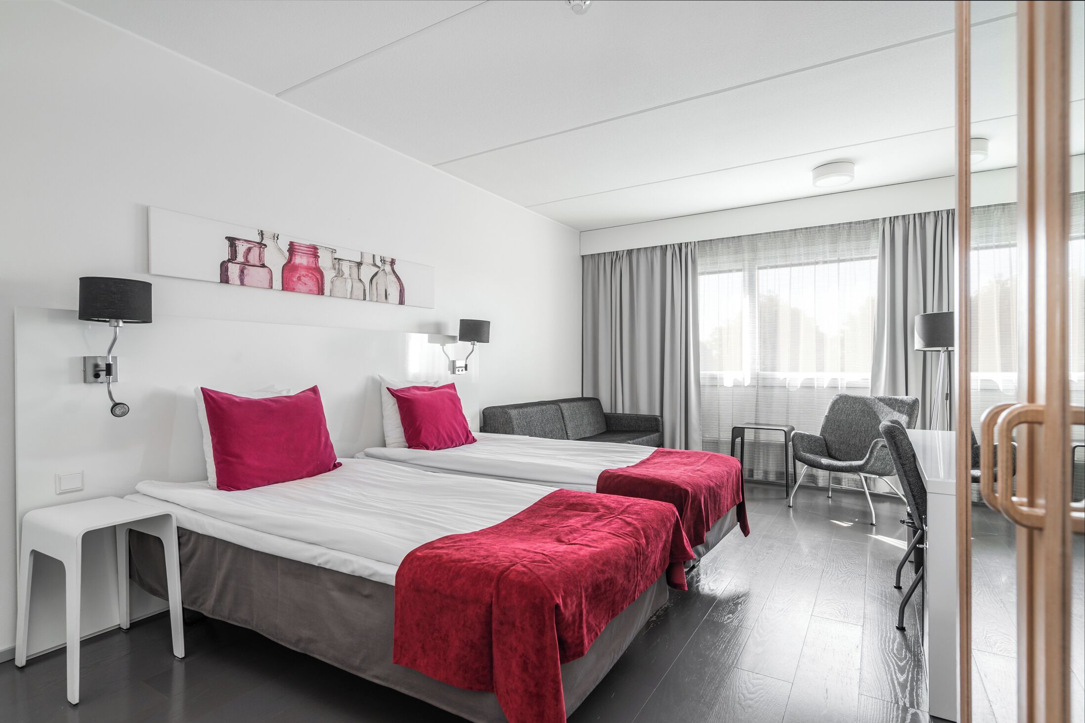 superior twin room | desk, laptop workspace, blackout curtains, iron/ironing board