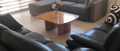 A living room with a grey sofa, a black leather couch, and a wooden coffee table.