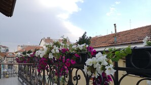 Un balcon doté de rampes en métal et de jardinières.