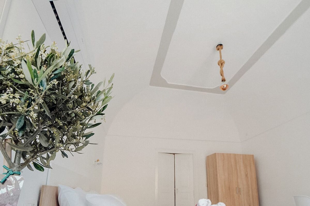 Ein modernes Schlafzimmer mit Bett, Nachttisch, Lampe und einer Zimmerpflanze.