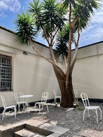 A tree with white chairs and a table in a courtyard.