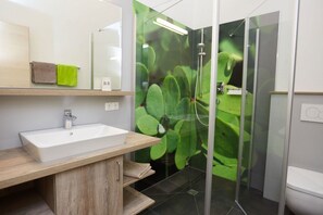 Habitación con 1 cama doble o 2 individuales, baño privado | Baño | Ducha, secador de pelo y toallas