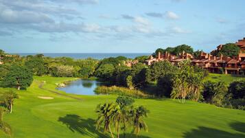 A golf course with a pond, palm trees, and a view of the ocean.