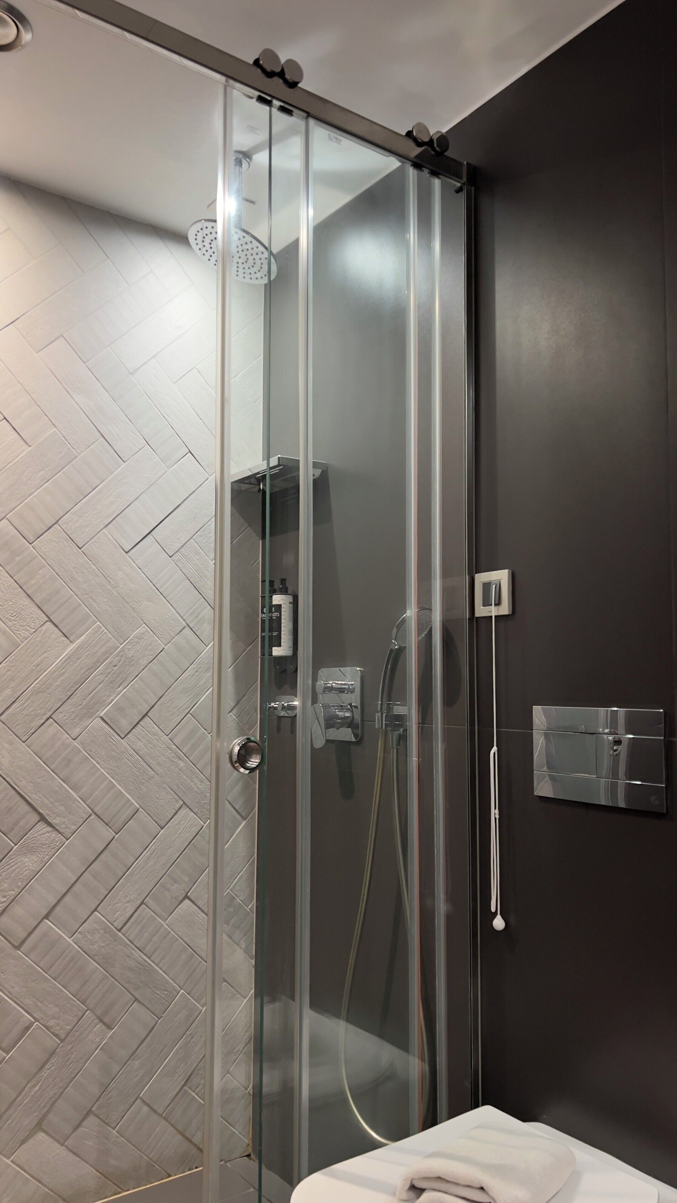 Una ducha moderna con puerta de cristal, panel de control en la pared y suelo con estampado en patrón de espiga.