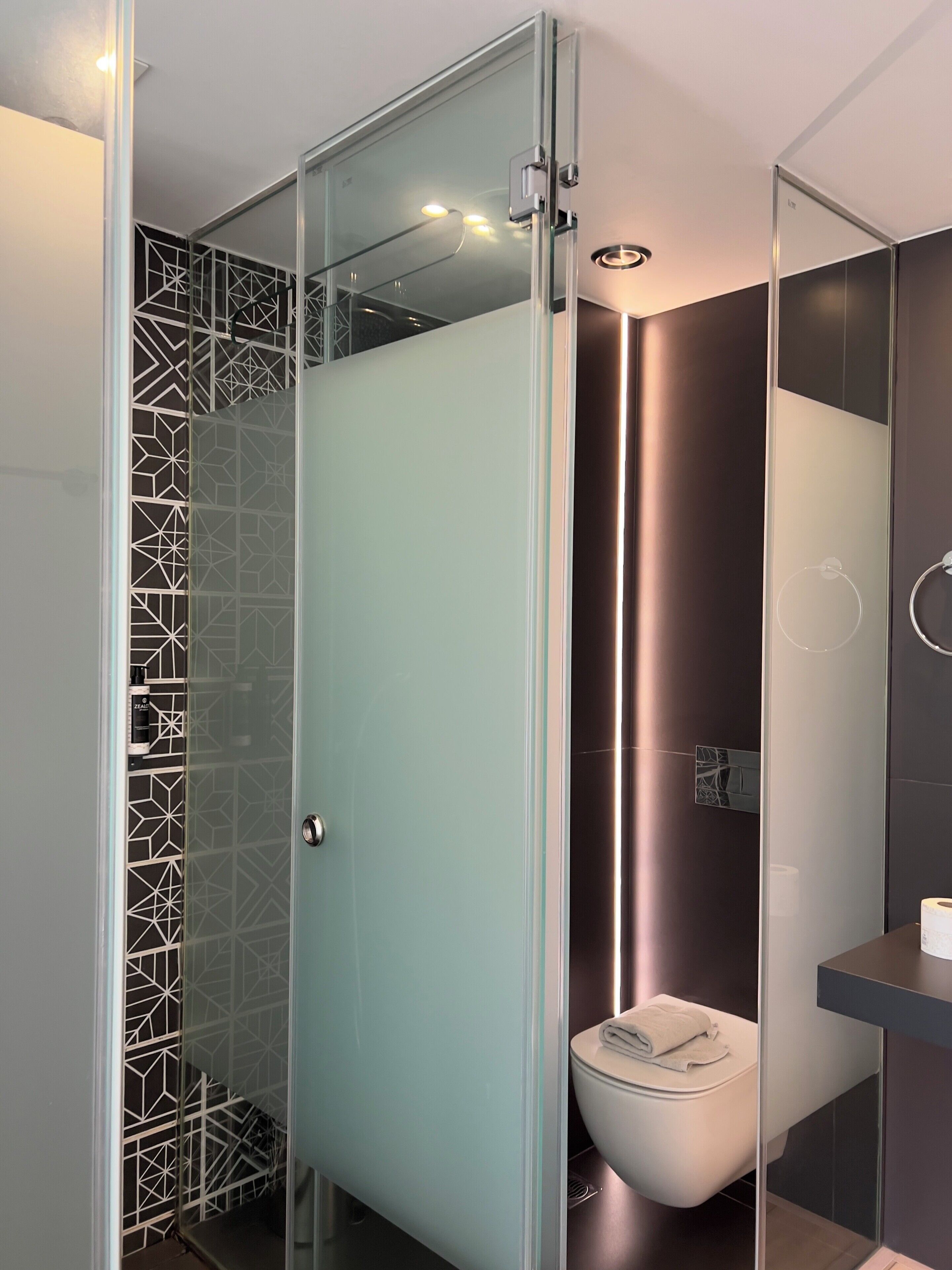 A modern bathroom with a glass-enclosed shower, a toilet, and a sink.