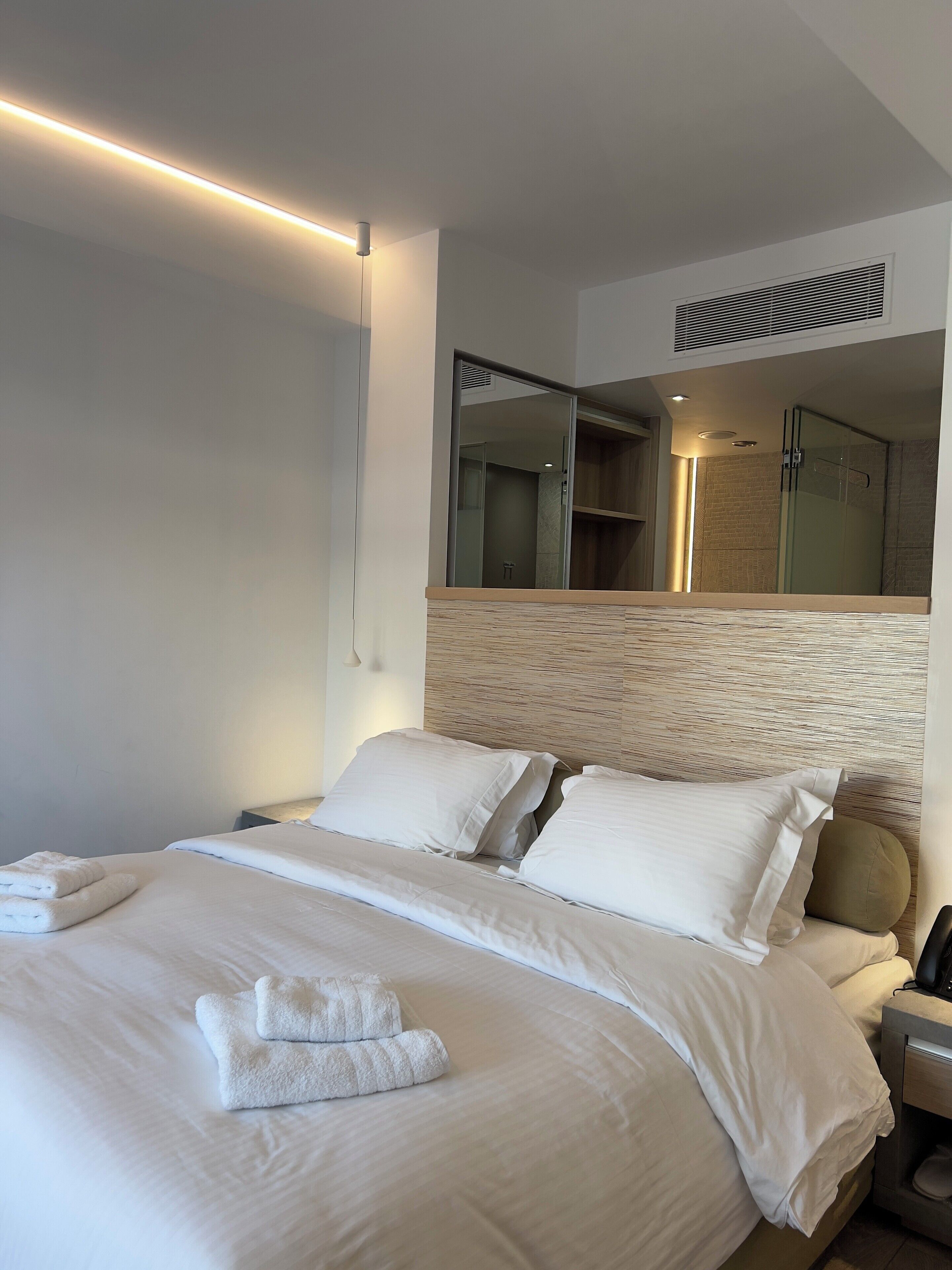 Une chambre d’hôtel avec un grand lit, une table de chevet, un miroir, un espace douche et un luminaire au plafond.