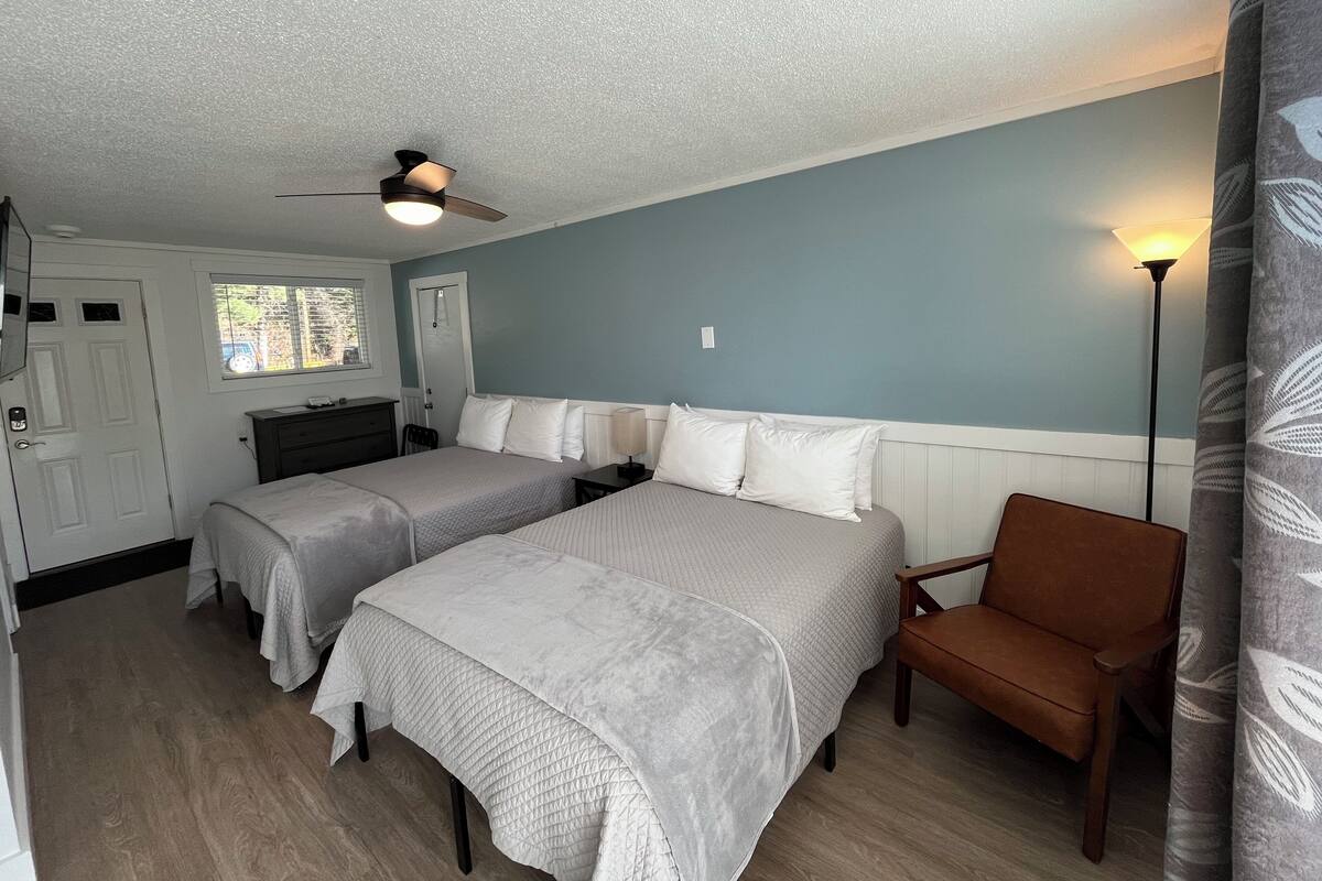 A bedroom with two beds, a chair, a desk, and a ceiling fan.
