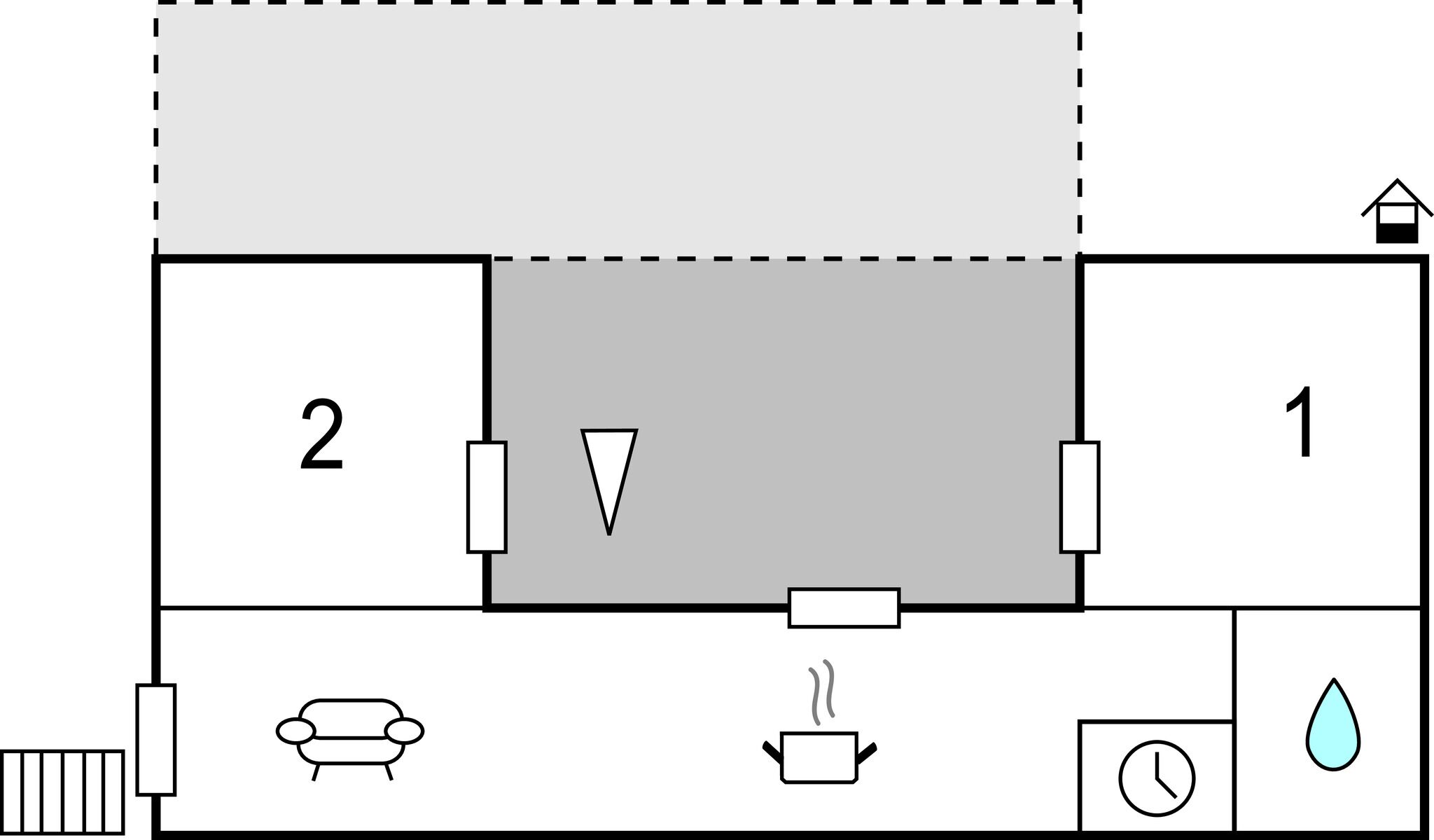 A floor plan with two rooms, a bathroom, and a kitchen.