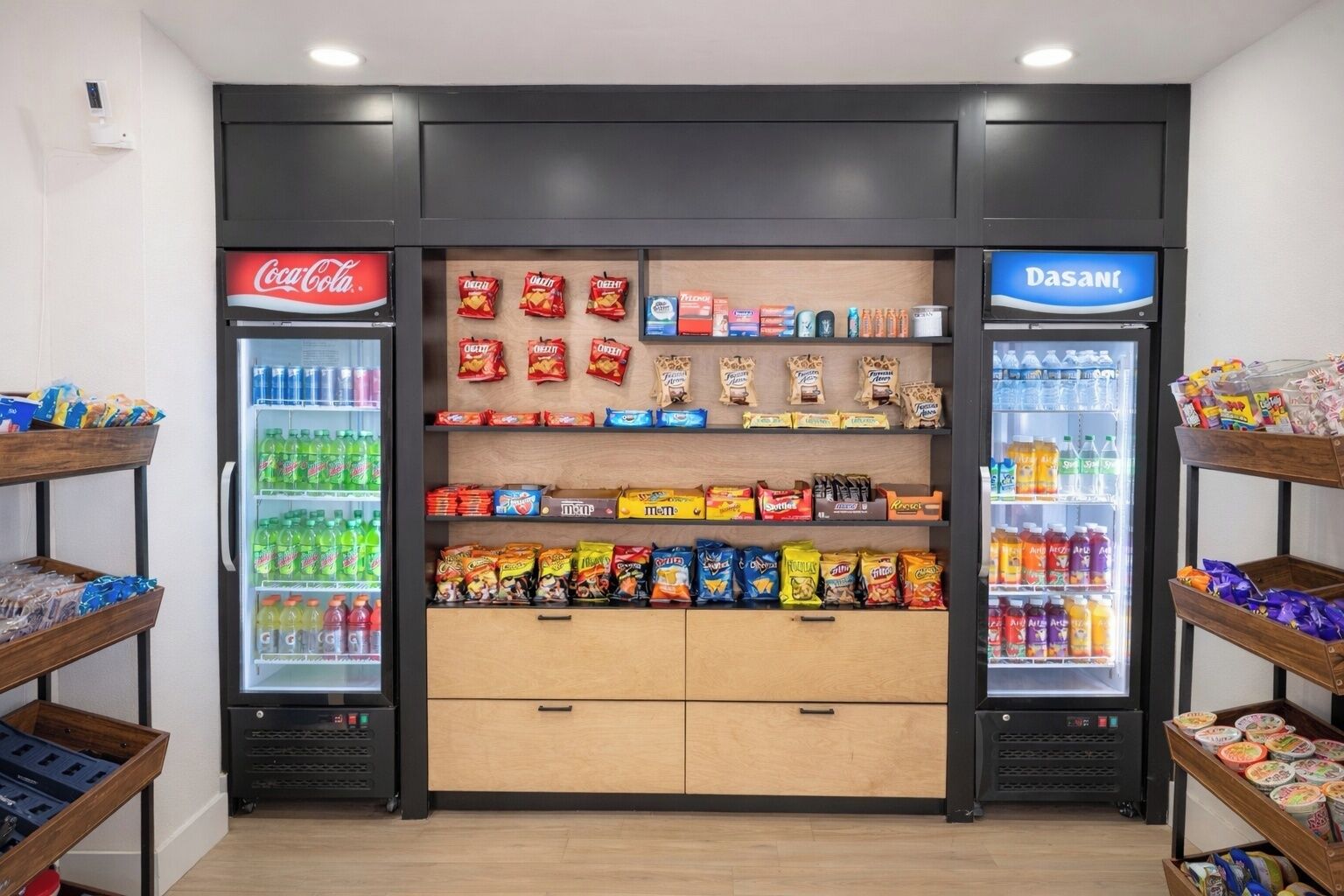 A vending machine area with Coca-Cola and Dasani water coolers, snack and drink options, and a wooden shelf with various items.