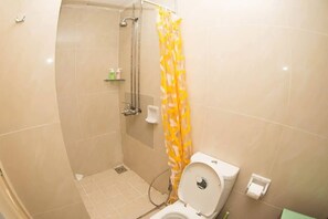 Dusche, Haartrockner, Shampoo, Toilettenpapier