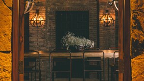 Vista del interior de un bar con paredes de ladrillo, chimenea, dos lámparas fijadas a la pared y una planta en maceta.